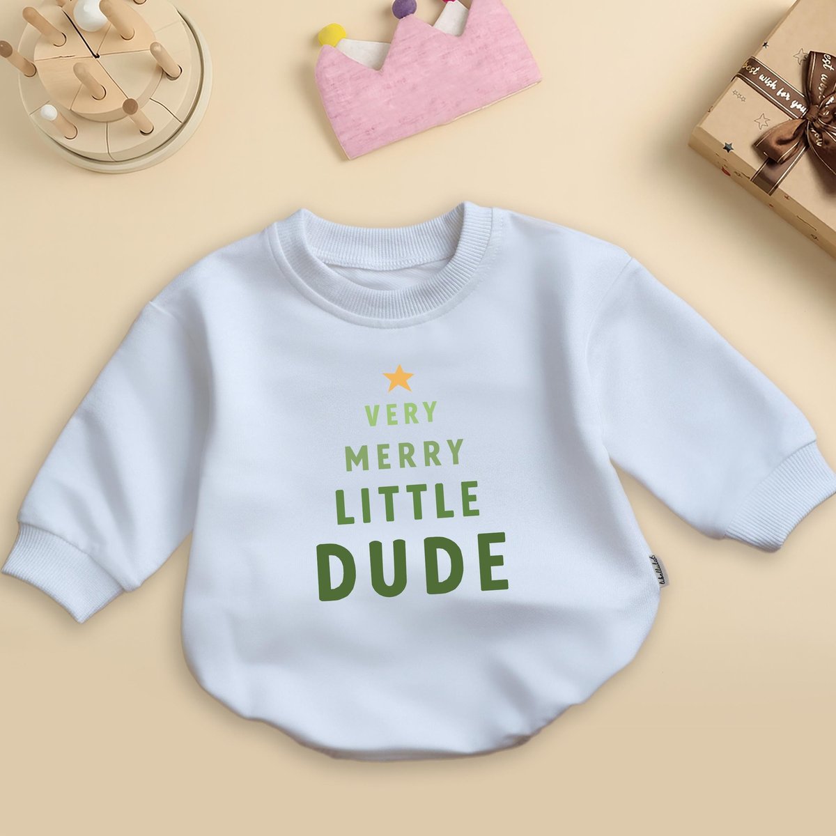 Merry Little Dude Romper Sweatshirt Baby's First Christmas Outfit Holiday Baby Clothes Festive Baby 436