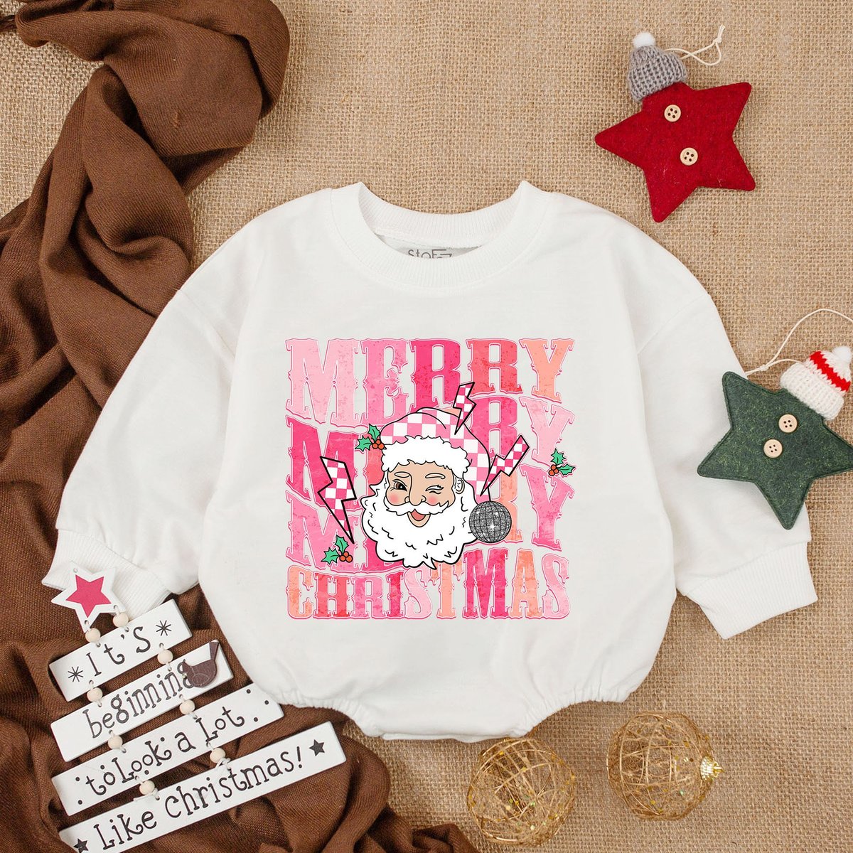 Merry Santa Baby Romper My First Christmas Christmas Bodysuit Baby Christmas OutfitOversized Long Sl