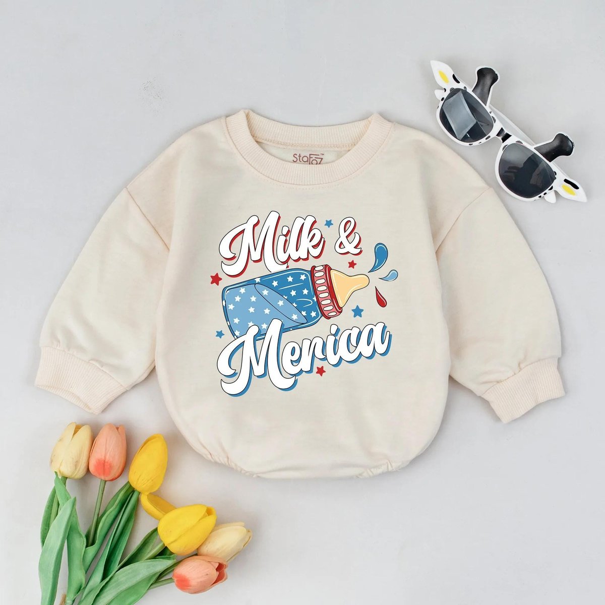 Milk and Merica Baby Romper Funny 4th of July Baby Outfit Patriotic Baby Clothes USA Baby Bodysuit B 431
