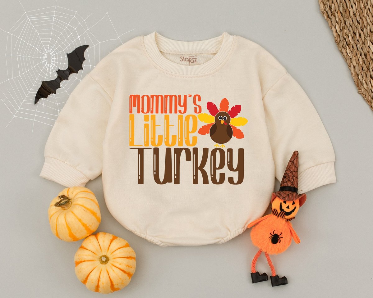 Mommy's Little Turkey Baby Romper First Thanksgiving Bodysuit Baby Announcement Retro Fall Outfits