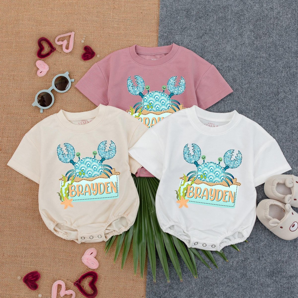 Mosaic Crab With Beachy Bubble Romper Customized Name Baby Romper Coastal Baby Outfit Beach Theme To 188