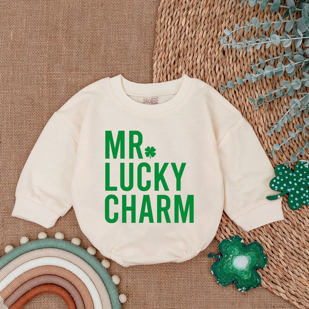 MR Little Charm Baby Romper  St Patrick's Day Bodysuit Natural Irish Baby Outfit Light Mauve Baby