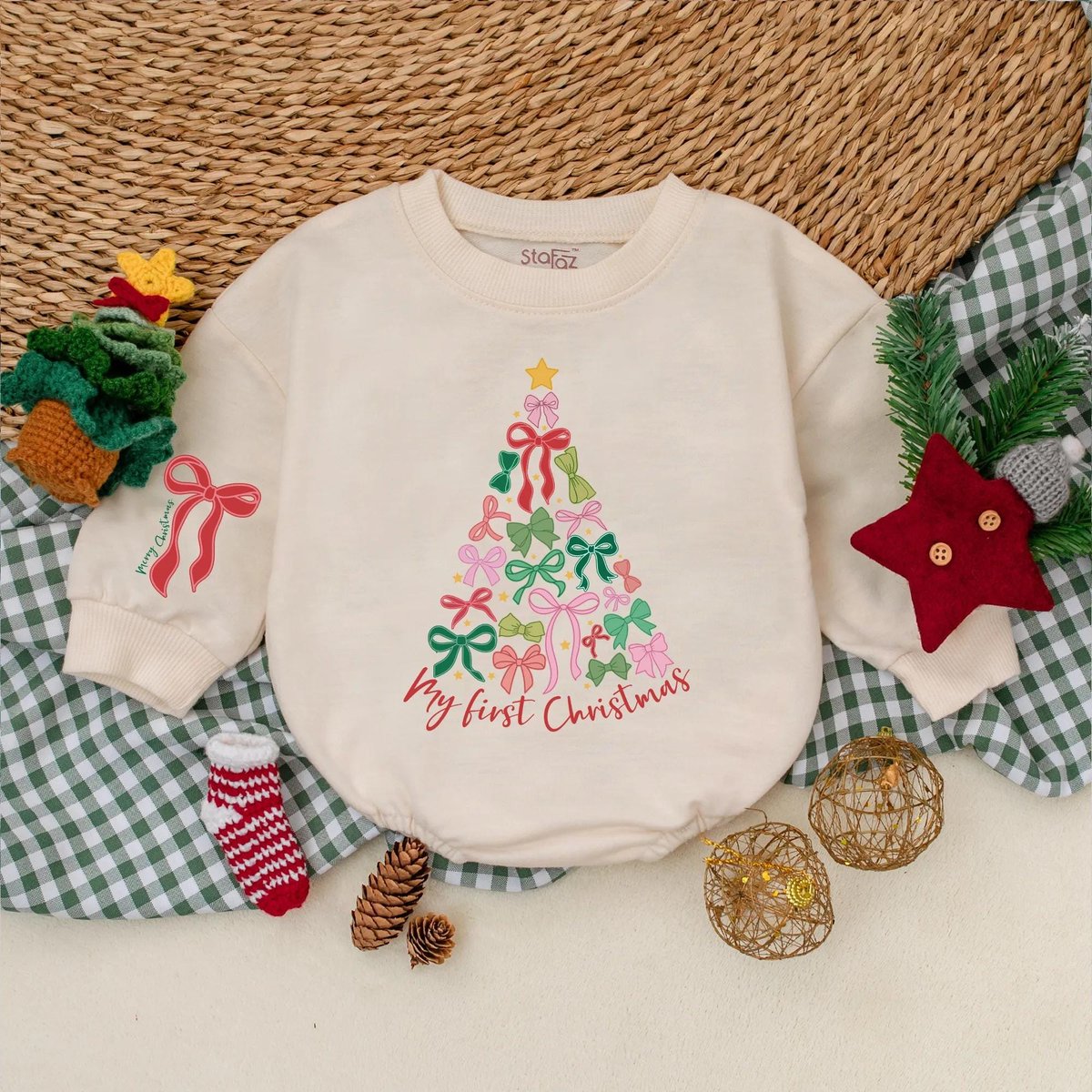 My 1st Christmas Tree Bow Bubble Romper Baby Girl Holiday Outfit Merry Christmas Christmas Holiday T 436
