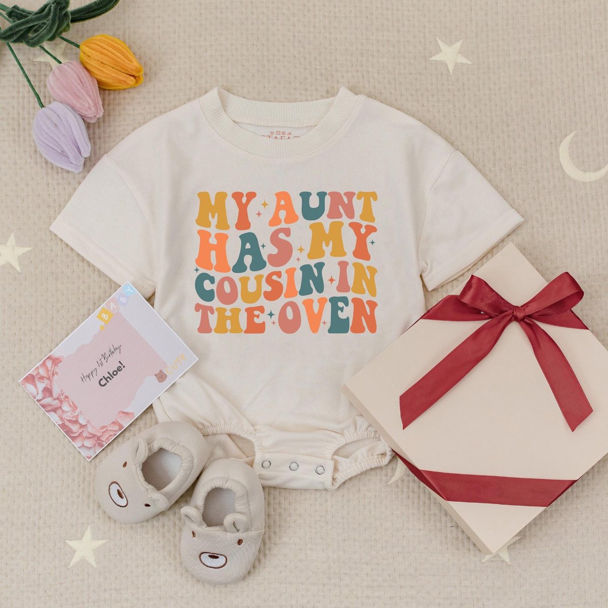 My Aunt Has My Cousin In The Oven Baby Romper Pregnancy Reveal Babysuit Groovy Cousin in the Oven Ba