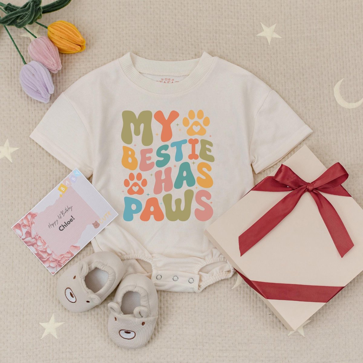 My Bestie Has Paws Baby Romper Pet Lover Baby Bodysuit Retro Pet Bestie Babysuit Dog Bestie Babysuit