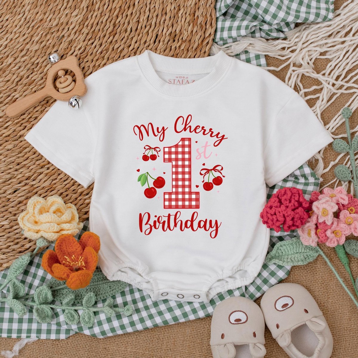 My Cherry 1st Birthday Bubble Romper Cherry First Birthday Baby Bodysuit Cute Cherry Bow Outfit 1st 186