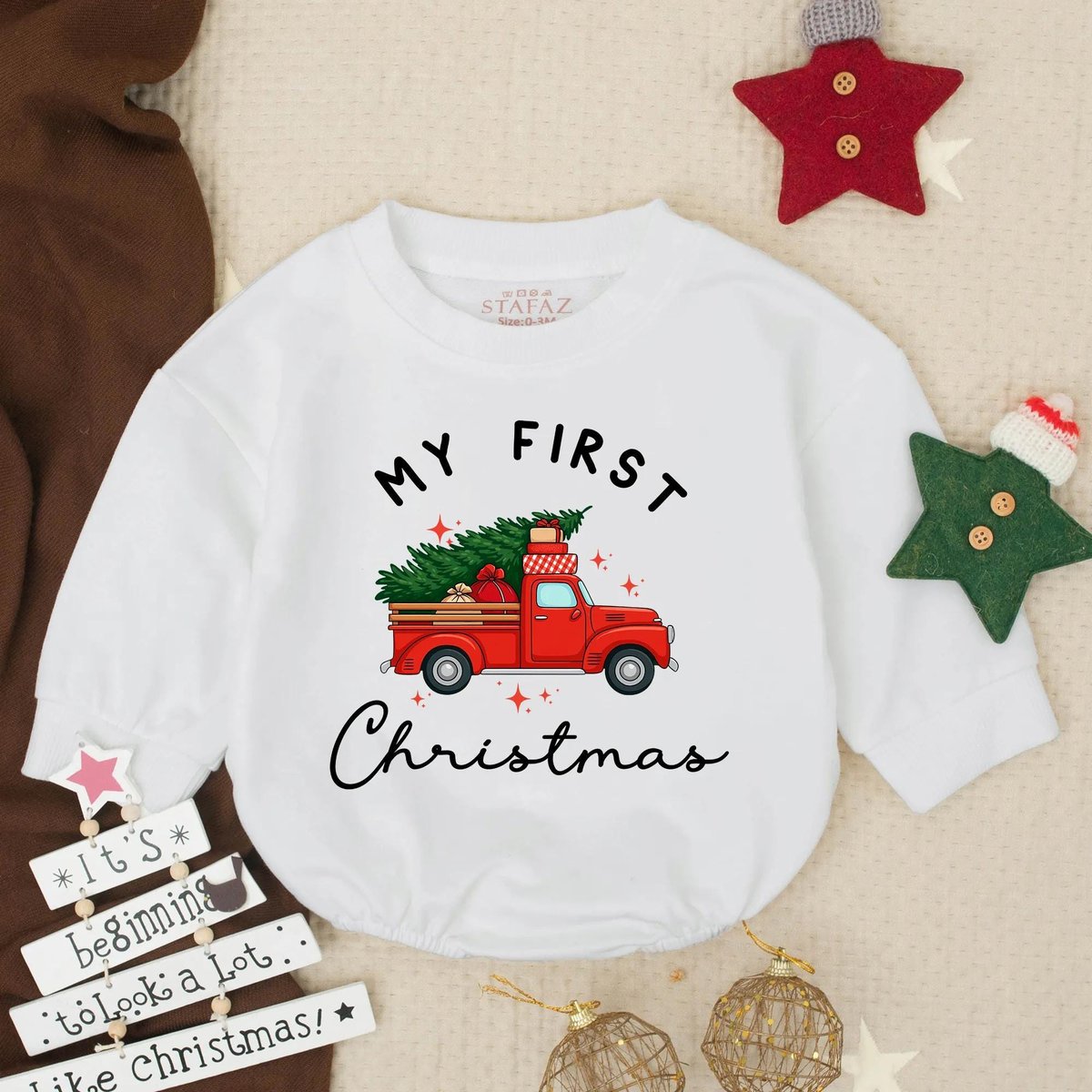 My First Christmas Romper Sweatshirt Babys First Holiday Outfit Red Car Christmas Tree Bodysuit Newb