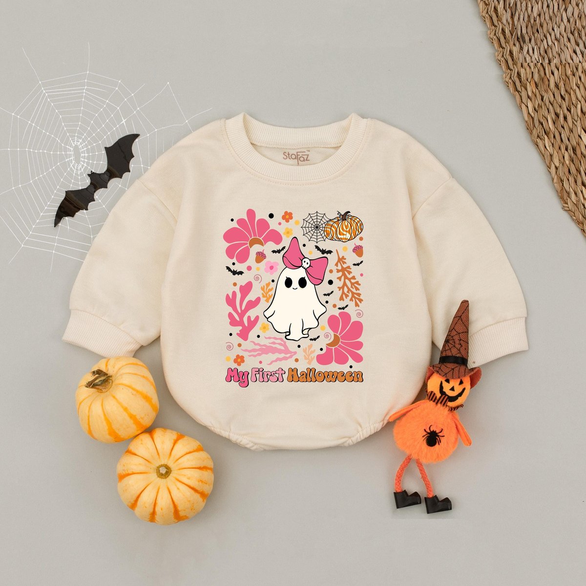 My First Halloween Boho Baby Girl Halloween Baby Romper Pink Flower Halloween Bodysuit Baby's First
