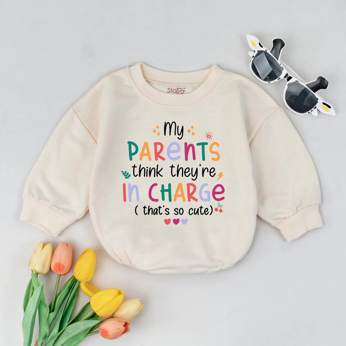 My Parents Think Theyre In Charge Romper Funny Baby Bubble Romper Long Sleeve Infant Bodysuit Cute B 431