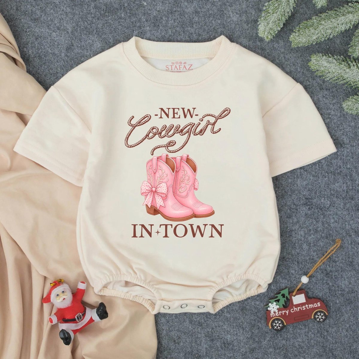 New Cowgirl In Town Short Sleeve Bubble Romper Cowgirl Baby Bodysuit Coming Home Outfit Cow Girl Wes 436