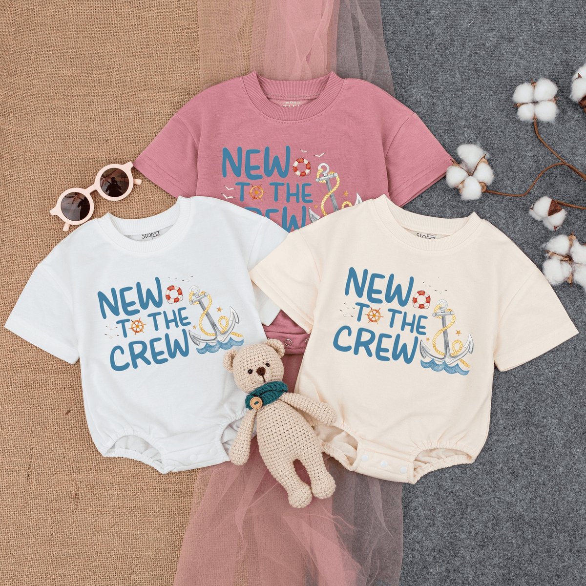New To the Crew Anchor Bubble Romper Short Sleeve Baby Baggy t shirt Romper Baby Boating Baby Beach 170