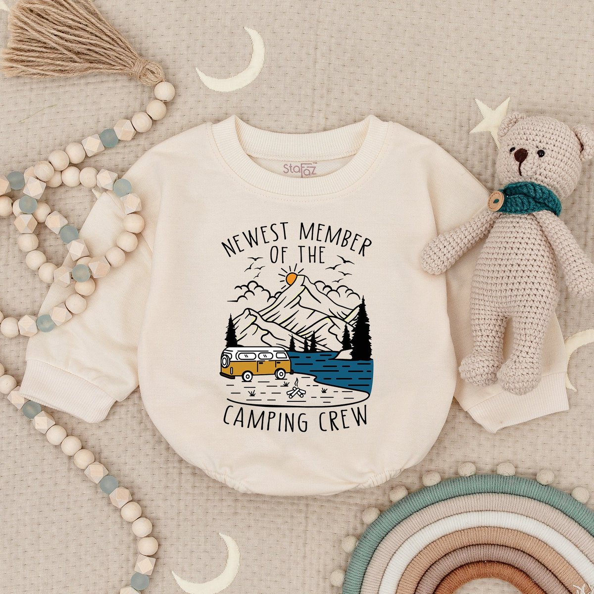 Newest Member of the Camping Crew Baby Romper One Happy Camper RomperAdventure Baby Outfit Travel Bu