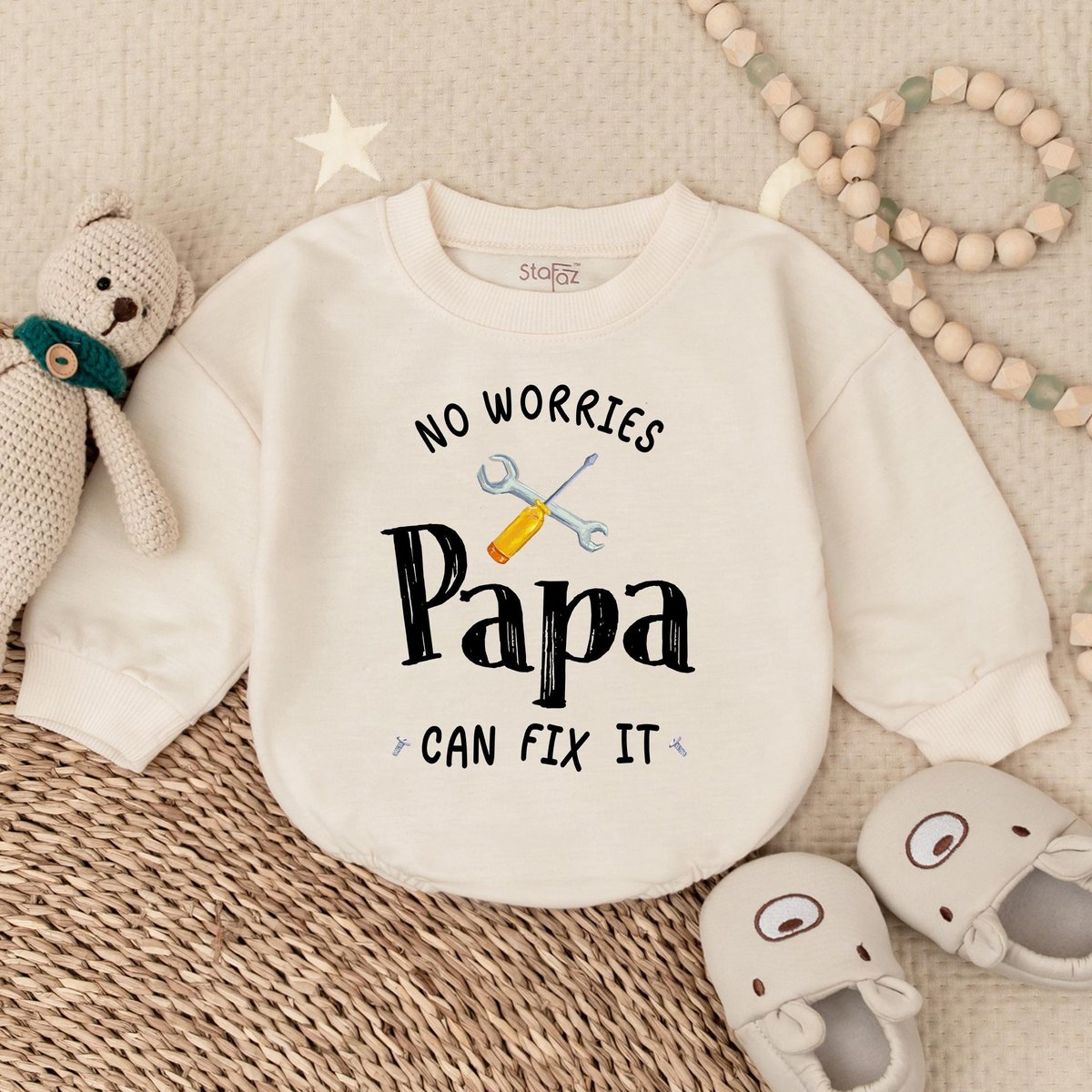 No Worries Papa Can Fix It Bubble Romper Funny Baby Outfit For Dad Father's Day Baby Romper Handy P