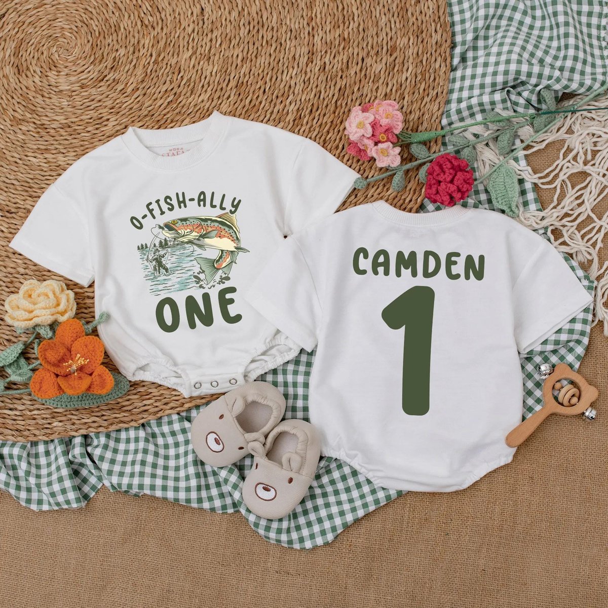 O Fish Ally One Fishing Birthday Romper Custom Baby Boy Outfit with Name and Number Crawl Walk Fish 190