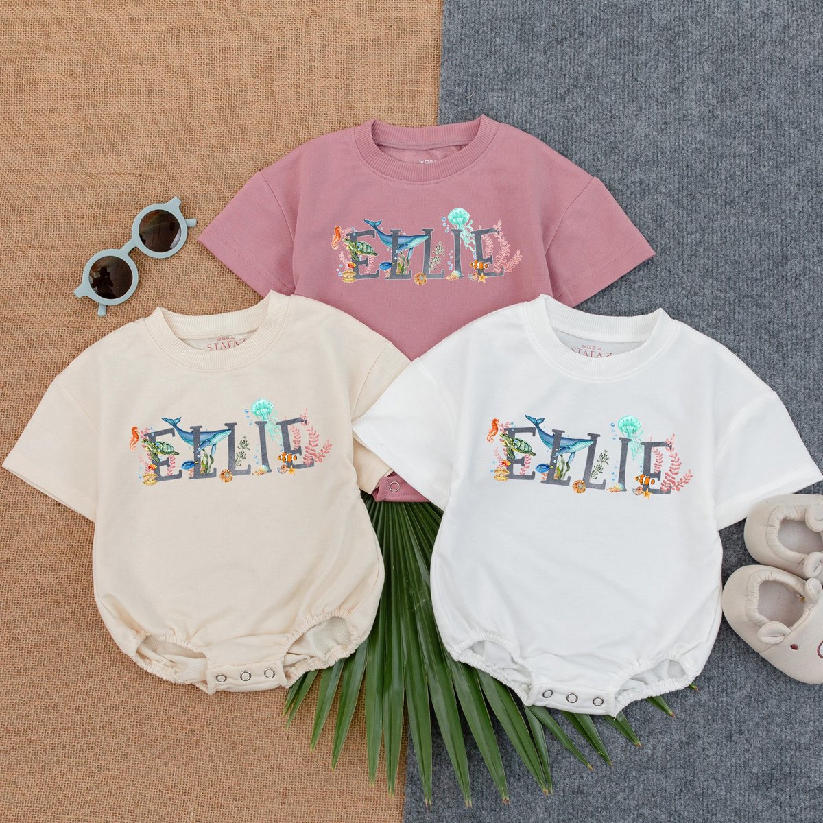 Ocean Theme Name Bubble Romper Personalized Baby T shirt Romper Sea Animal Summer Outfit Custom Baby 429