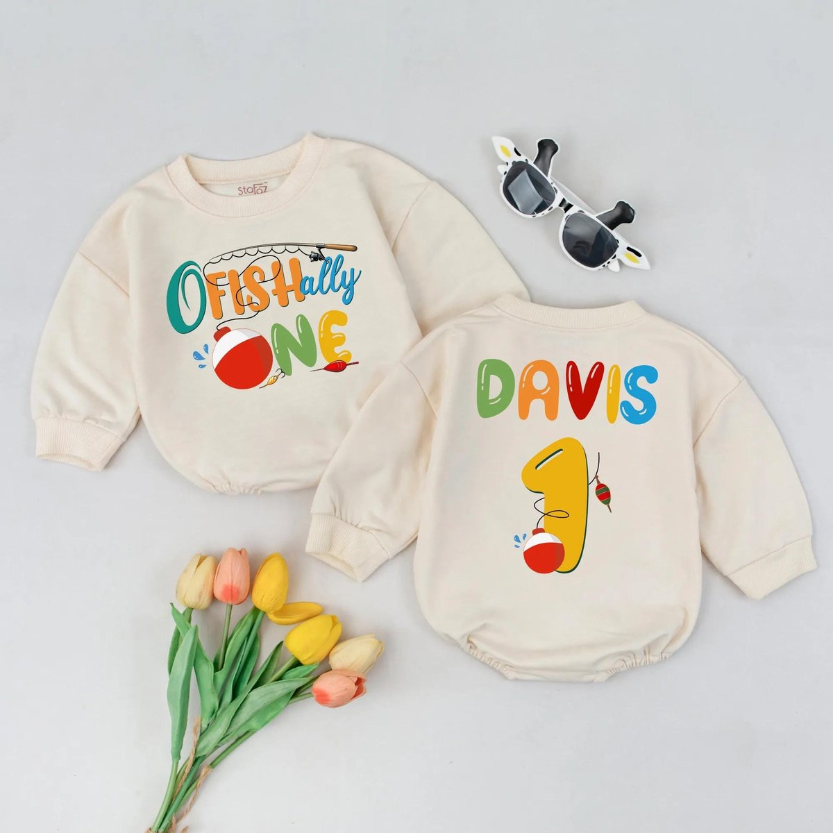 Ofishally One Birthday Romper Fishing Birthday Outfit Personalized Baby Romper 1st Birthday Gift Boy 190
