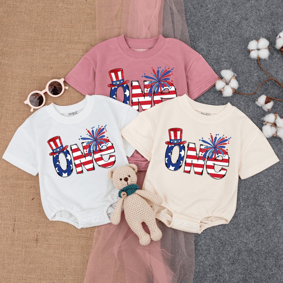 One Birthday Bubble Romper Short  Sleeve July 4th 1st Birthday 4th of July Baby Bodysuit 1st 4th Of 171