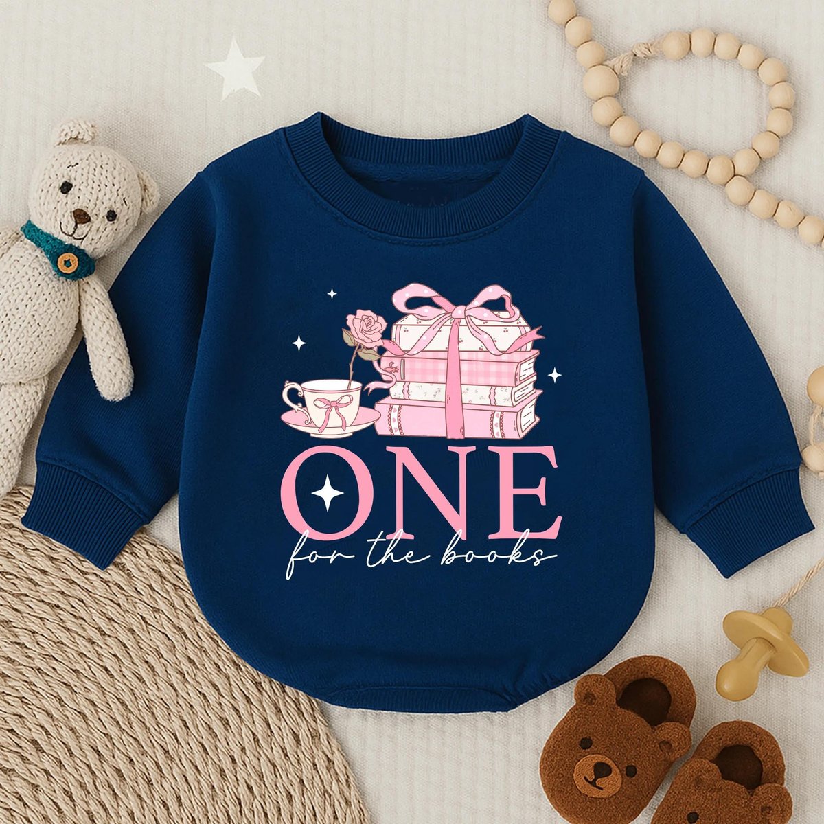 One for the Book Baby Girl Bubble Romper First Birthday Baby Kid Pink Books Floral Outfit Long Sleev