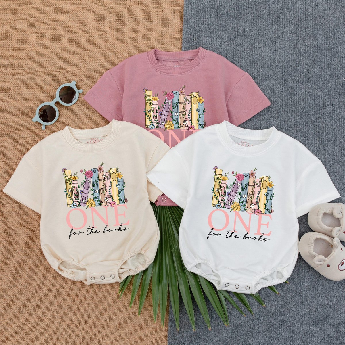 One for The Books Baby Bubble Romper First Birthday Baby Kid Floral Book Theme Outfit Short Sleeve T 431