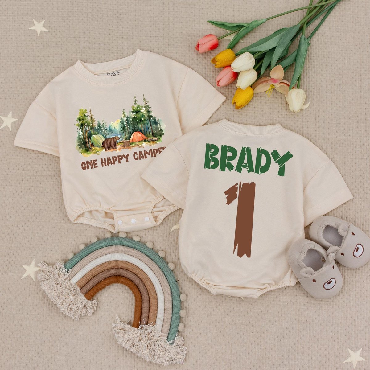 One happy Camper Baby Romper Camping 1st Birthday Babysuit Camping First Birthday Camping Theme Camp