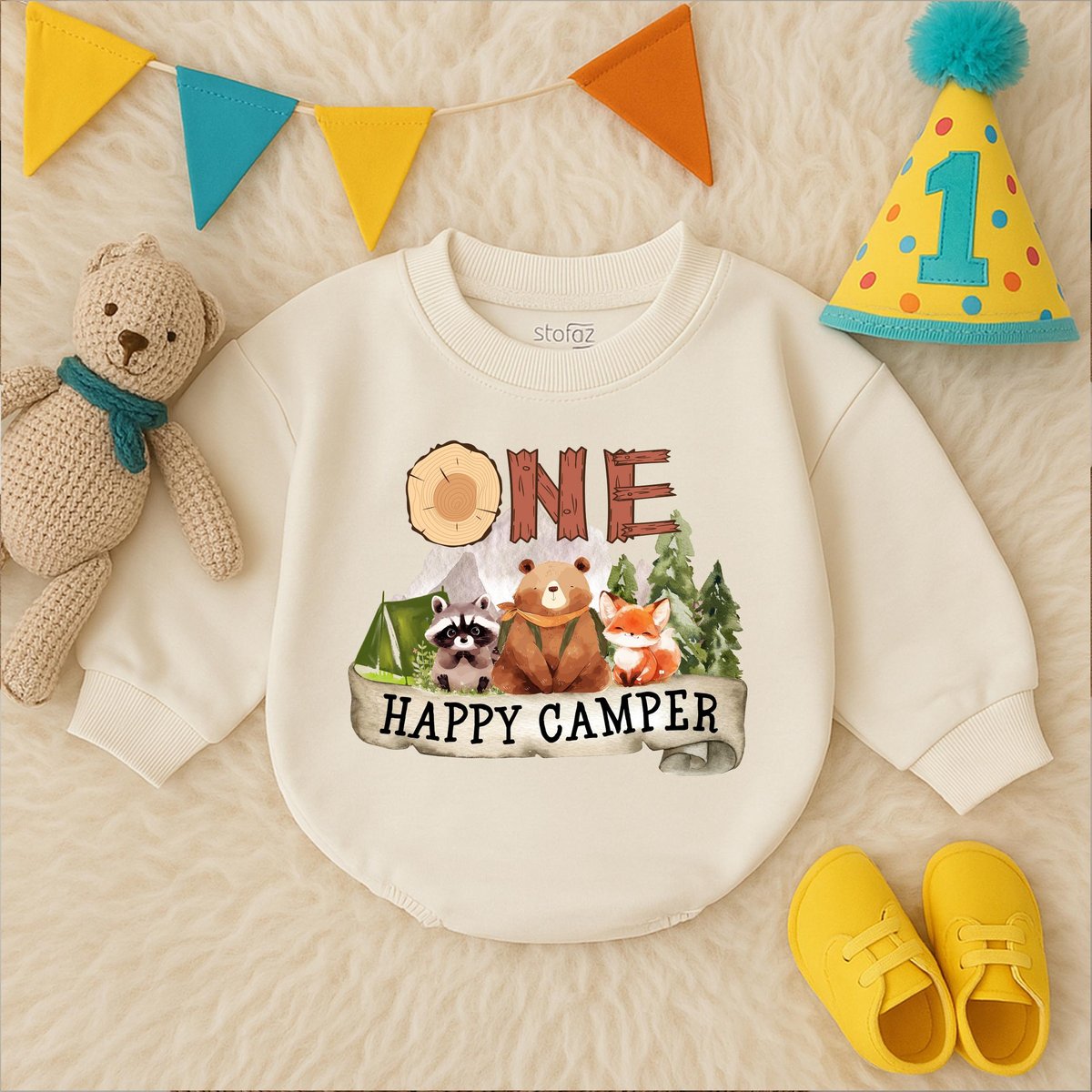 One Happy Camper Bubble Romper Camping 1st Birthday Bodysuit Boys First Birthday Outfit Adventure Bi