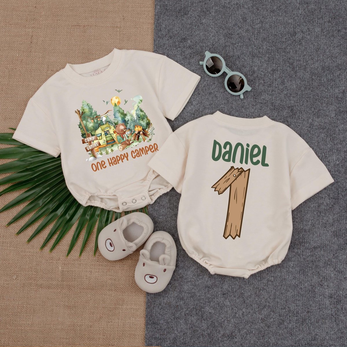 One happy Camper Customized Name Baby Romper Personalized Bubble Romper Camping first birthday Campi 187