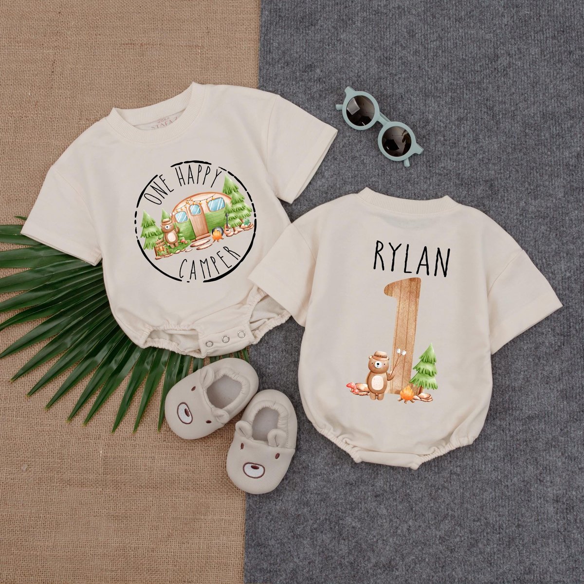 One happy Camper Customized Name Baby Romper Personalized Bubble Romper Camping first birthday Campi 189