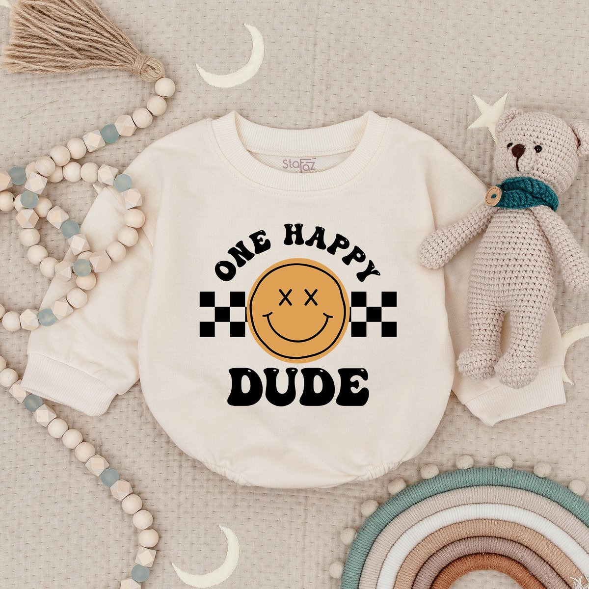 One Happy Dude Birthday Romper Birthday Outfit Baby Infant Romper Cute Retro Smiley Face Oversized B