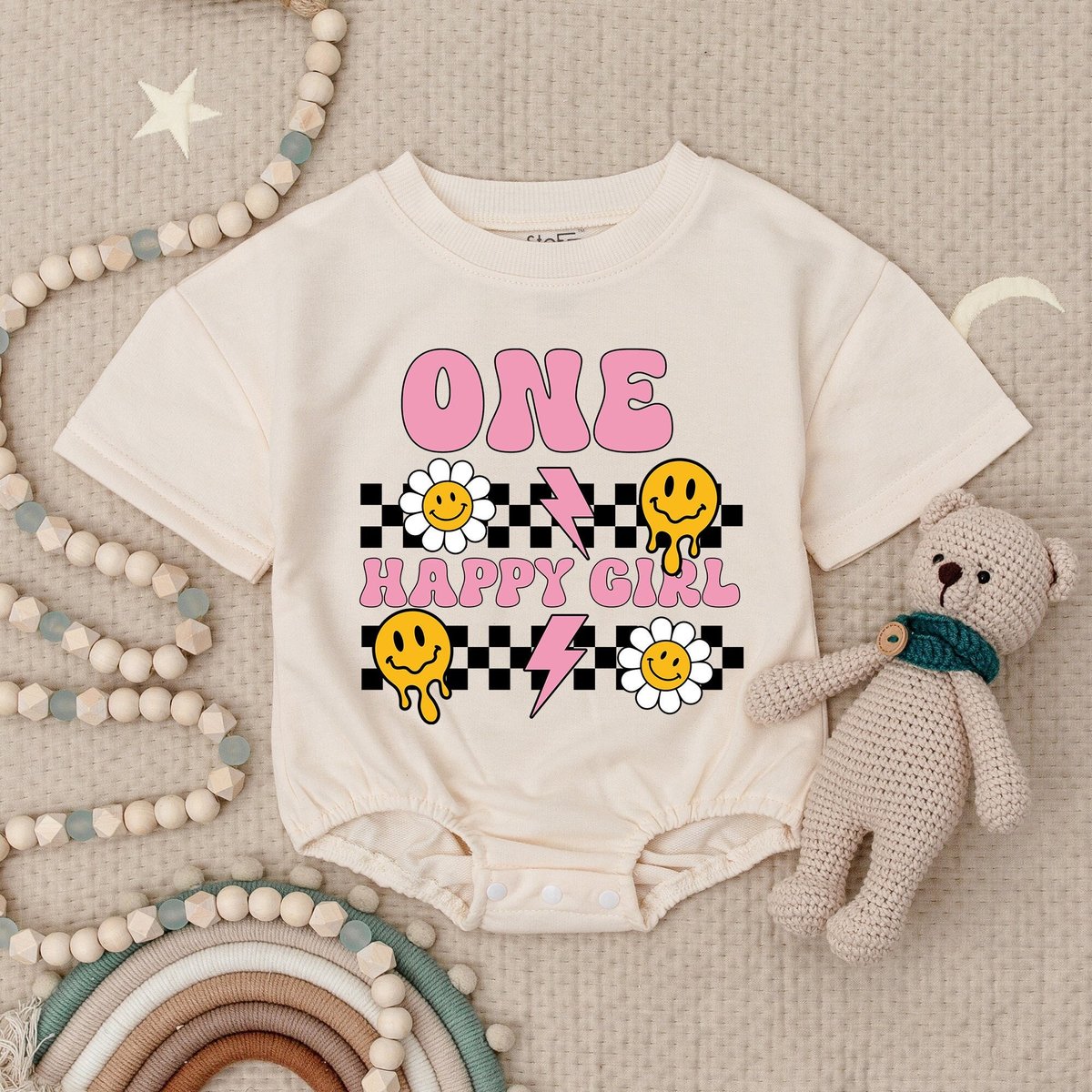 One Happy Girl Happy Face Baby Romper Happy Face Baby Clothes 1st Birthday Outfit Retro Smiley Baby
