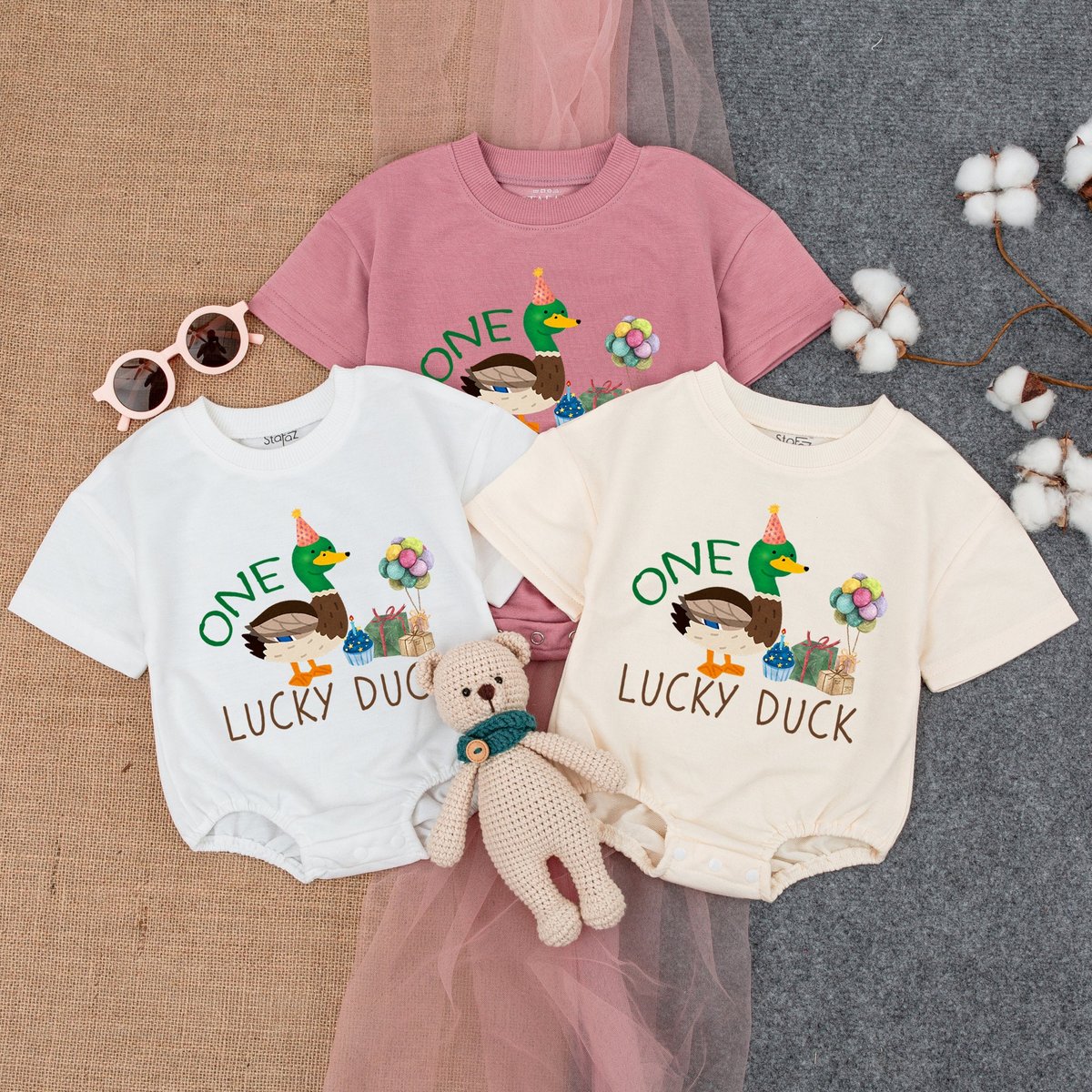 ONE Lucky Duck Baby Romper 1st Birthday Duck Theme Short  Sleeve Romper First Birthday Outfit Bubbl 177