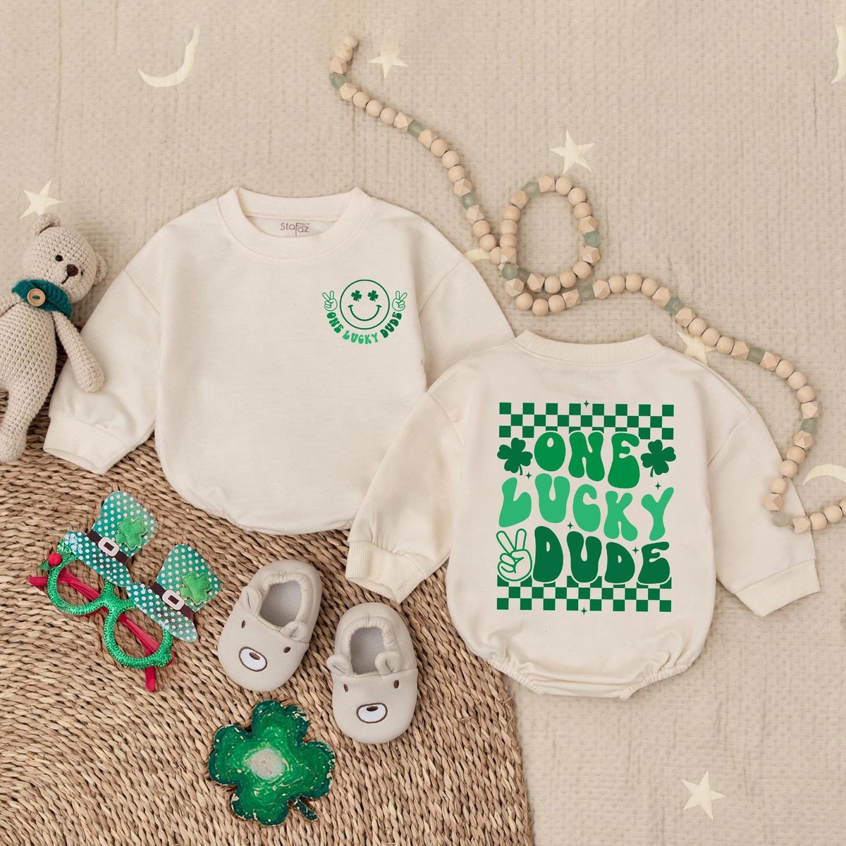 One Lucky Dude Baby Bubble Romper  St Patrick's Day Bodysuit  Irish Baby Outfit  Light Mauve