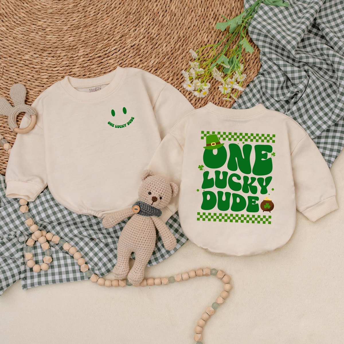 One Lucky Dude Baby Romper Retro Green Clover Baby Bodysuit Baby Boy Patrick's Day Outfit First St 182