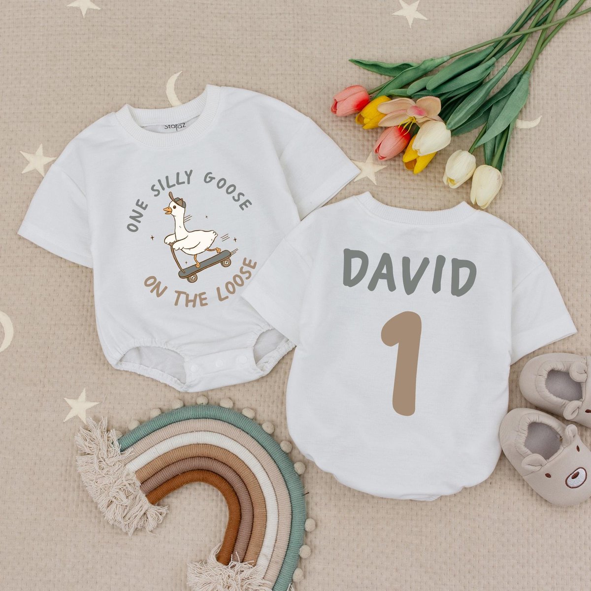 One Silly Goose On The Lose Baby Romper First Birthday Silly Goose Natural BodysuitCute Kids Funny G