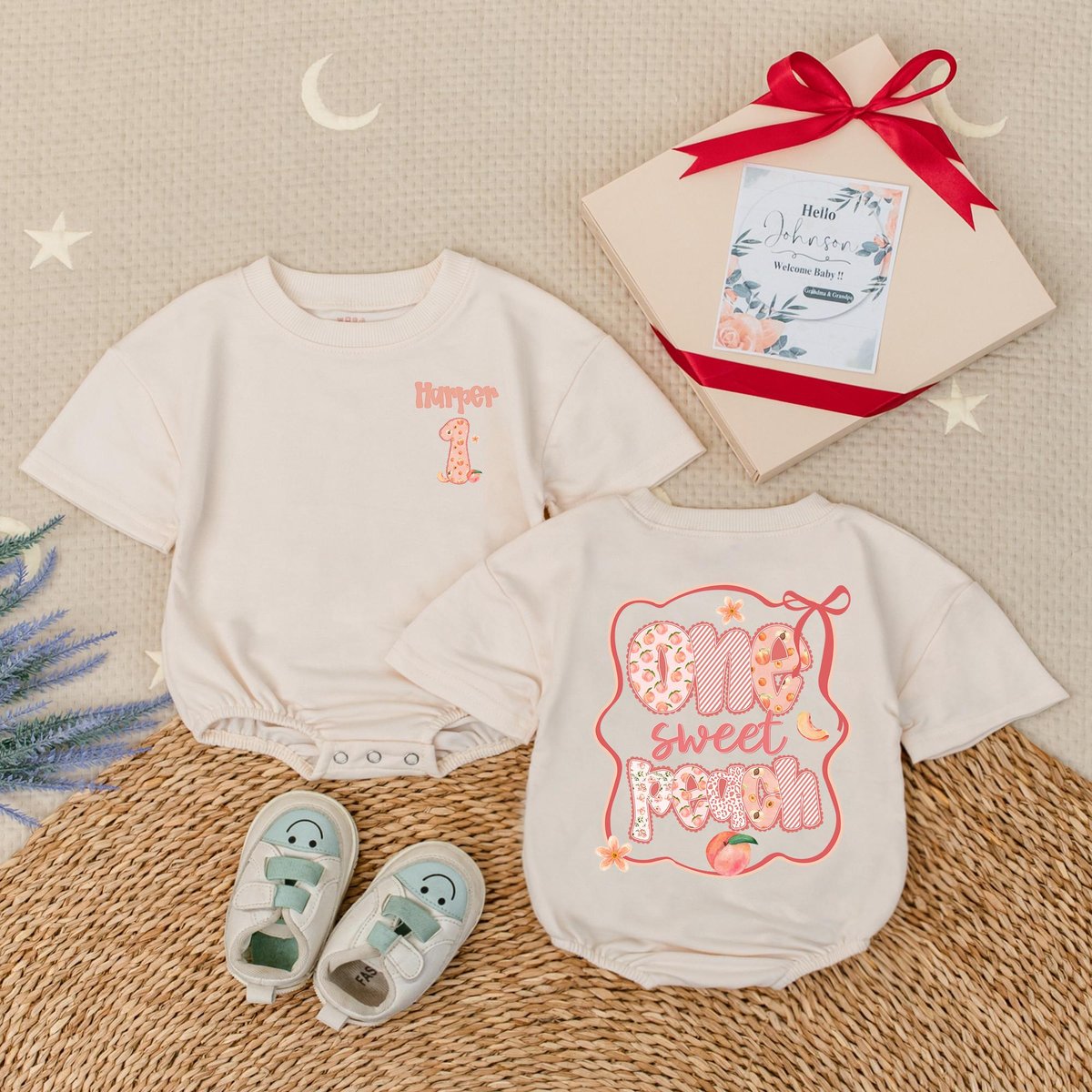 One Sweet Peach Baby RomperShort Sleeve Bubble Romper for GirlsPeach First Birthday OutfitSummer