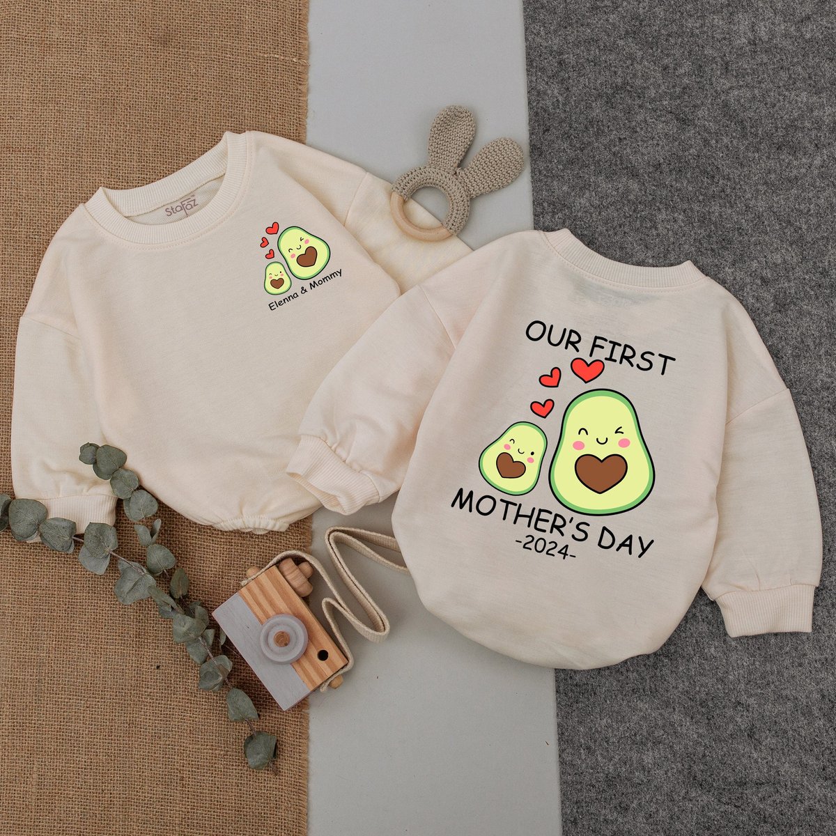 Our First Mother's Day Avocado Oversized Baby Romper Personalized Mother's Day Baby Bodysuit Gift 170