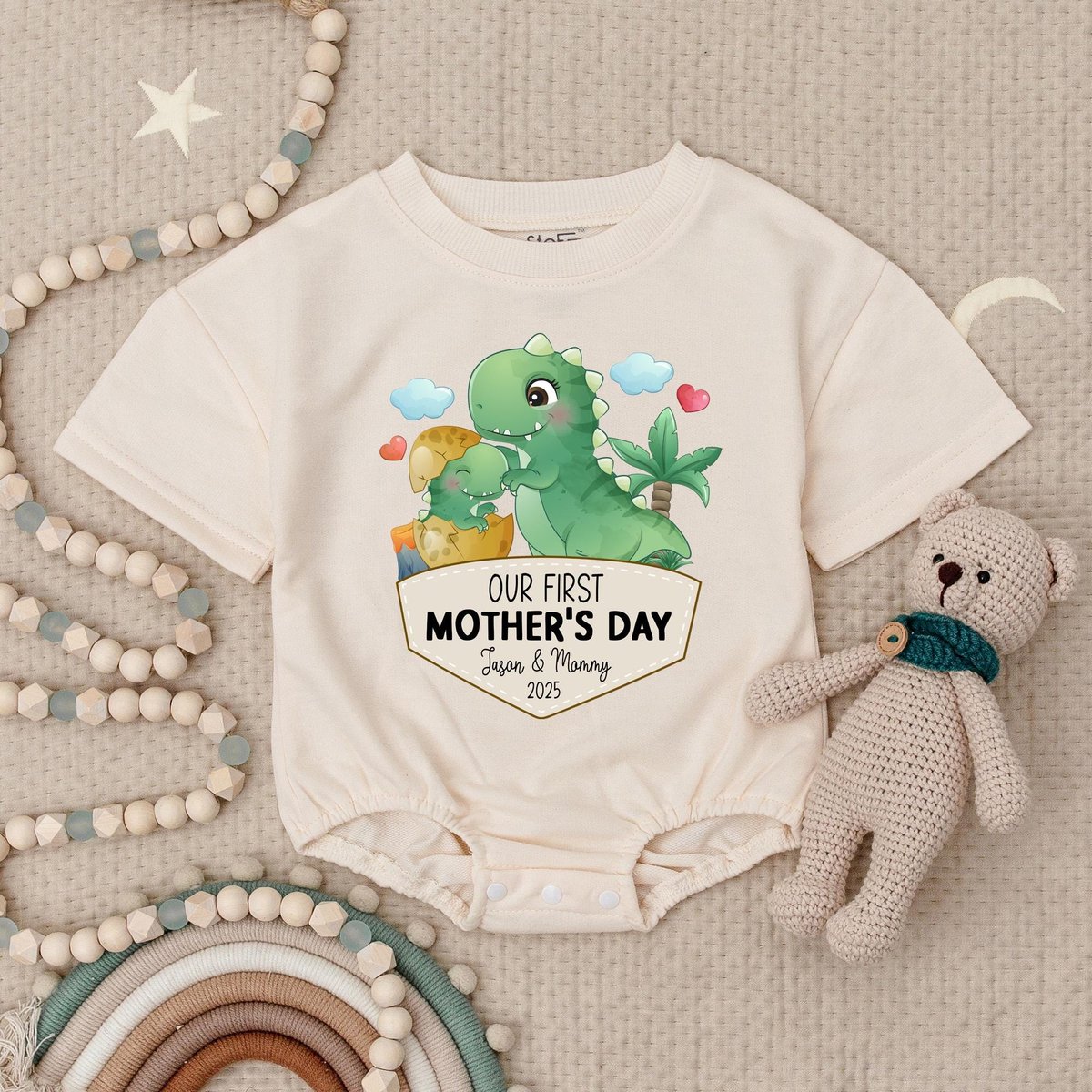 Our First Mother's Day Dinosaur Baby Romper Cute Dinosaur Babysuirt 2025 Mothers Day Natural Bodysu