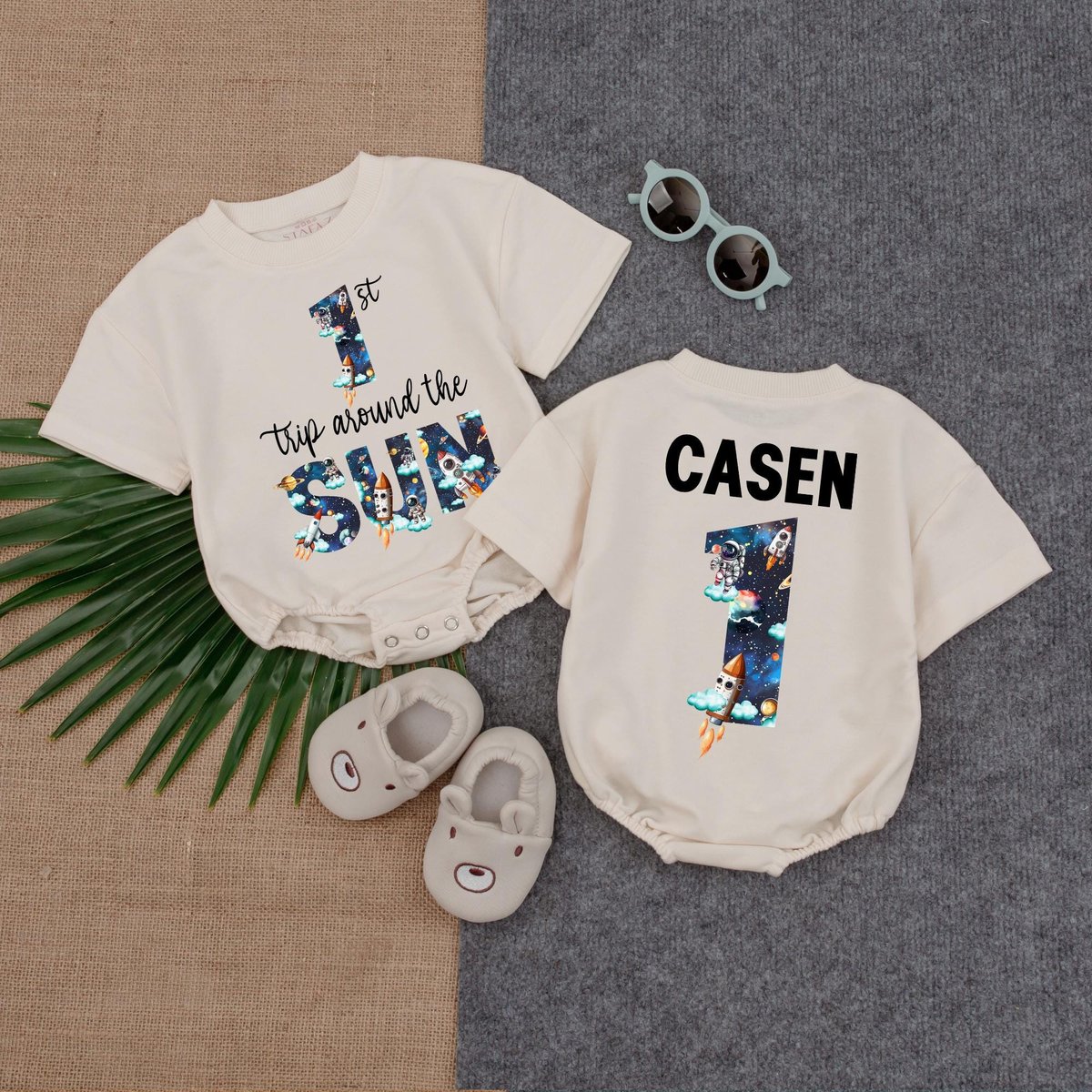 Outer space 1st trip around the sun Bubble Romper 1st birthday Outfit Blast Off Shirt Boy Birthday O 187