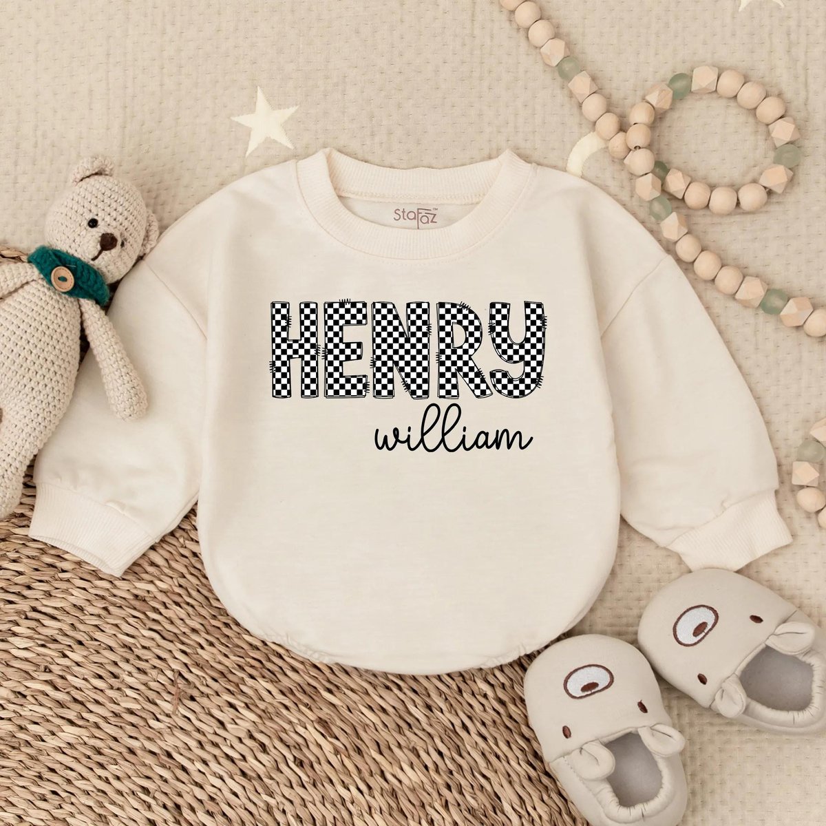 Oversized Personalized Checkered First and Middle Name Bubble Romper Boy clothes Custom Baby Outfit