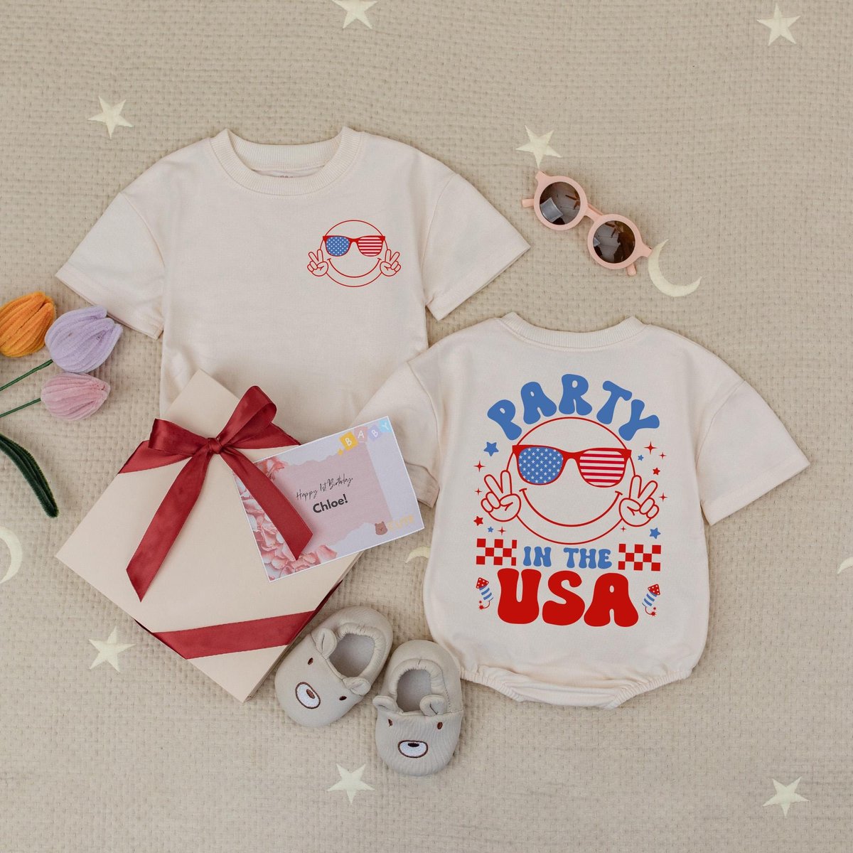 Party in the USA 4th of July Baby Romper America Retro Babysuit Girly Usa Bodysuit 4Th Of July Bow R