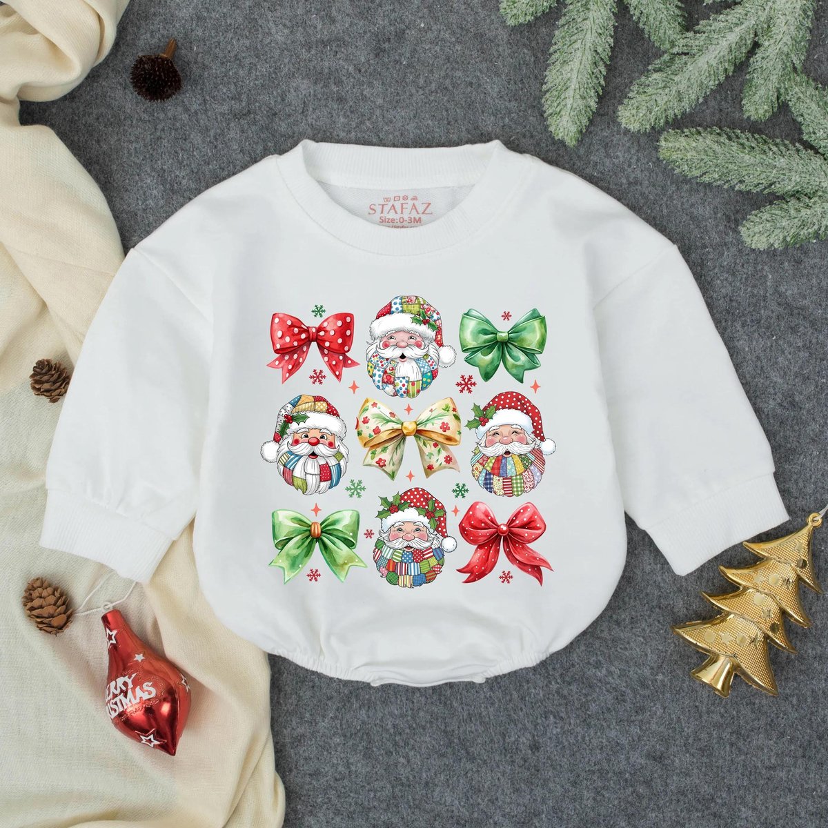 Patchwork Santa Claus Baby Bubble Romper Retro Christmas Infant Sweatshirt Vintage Holiday Toddler C 436