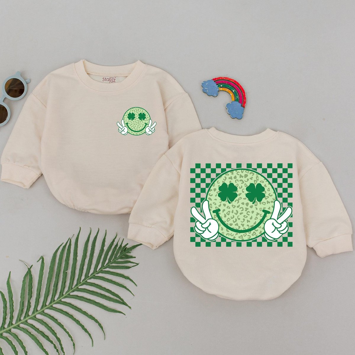 Patrick's Day Smile Face Romper Retro Patrick's Day Shamrock Romper Natural Baby Shower Gift 1st P