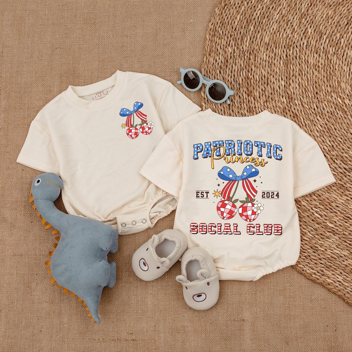 Patriotic Baby Girl Bubble Romper Retro 4th of July Baby Girl Clothes Patriotic Bows Bodysuit Baby