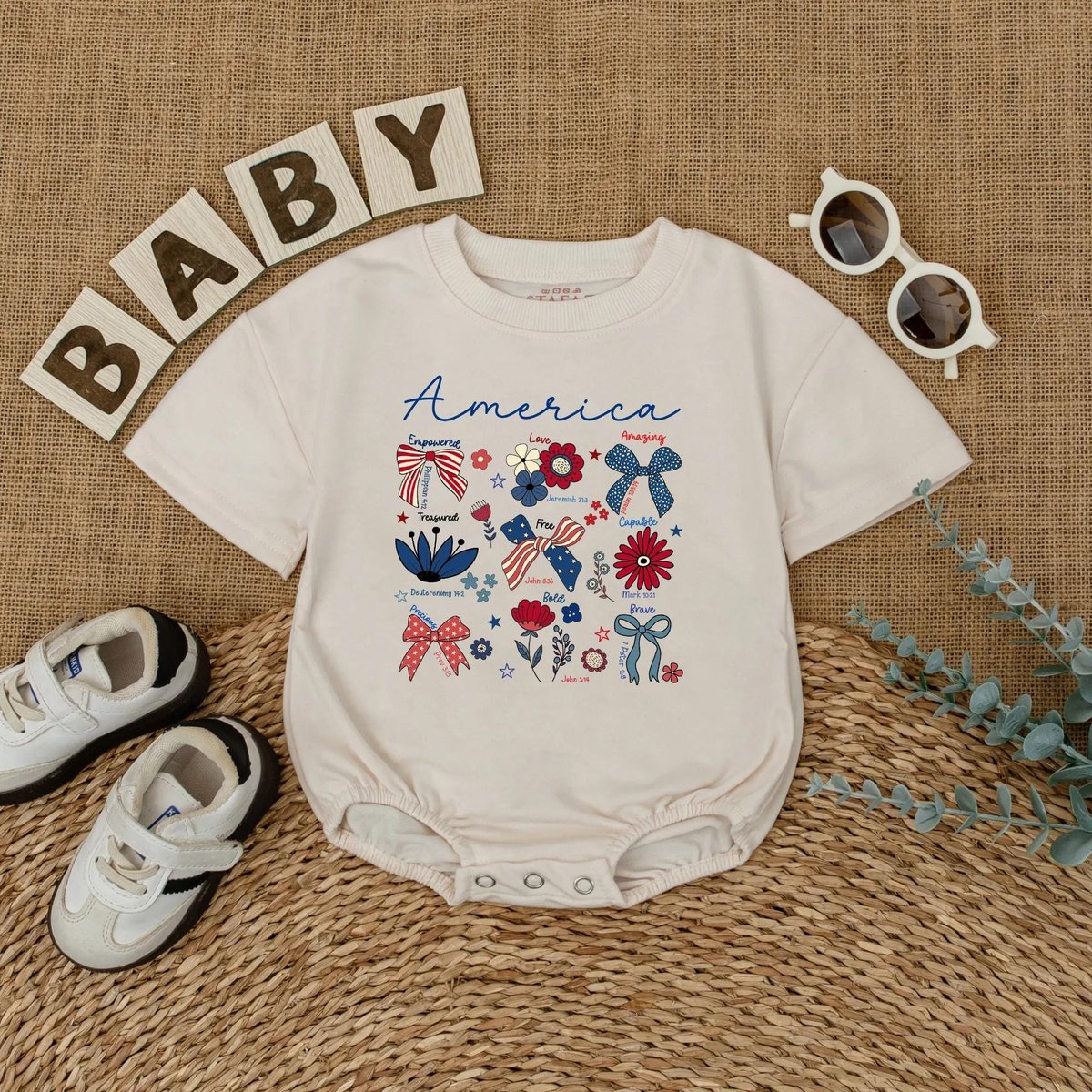 Patriotic Bows Baby Romper 4th of July Baby Girl Outfit Patriotic Floral Infant Bodysuit USA Summer 432