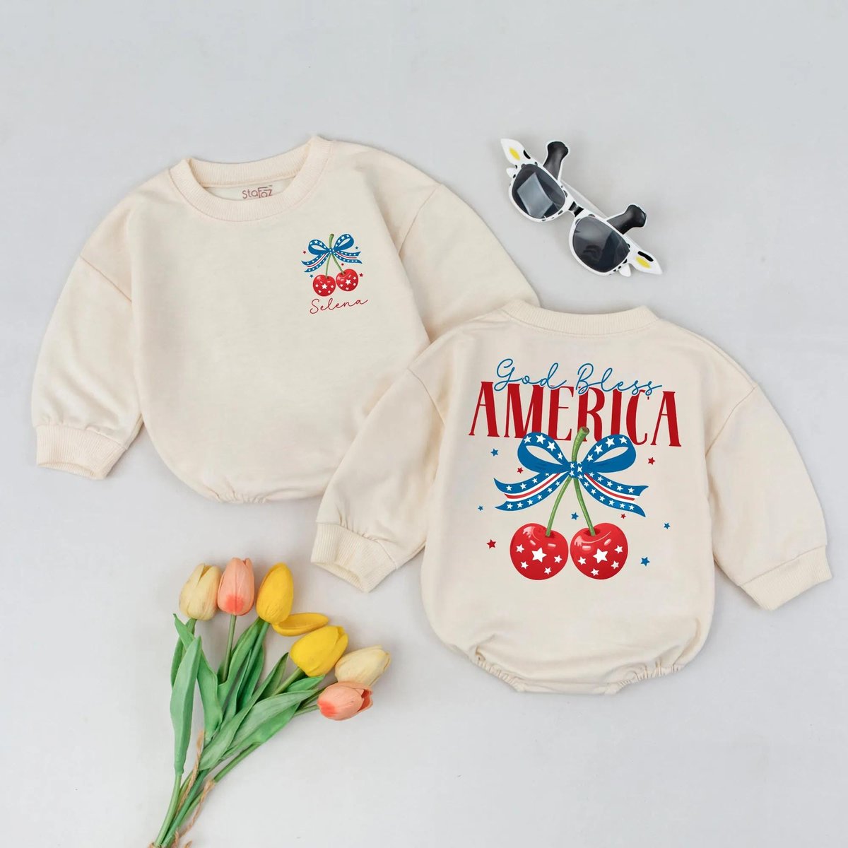 Patriotic Cherry Baby Bubble Romper Red White Blue Baby Outfit Summer USA Baby Romper Toddler 4th of 431