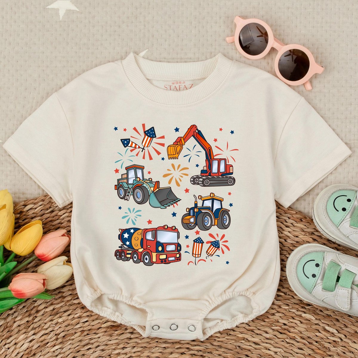 Patriotic Construction Truck Short Sleeve Bubble Romper 4th of July Baby Boy Outfit Red White Blue T