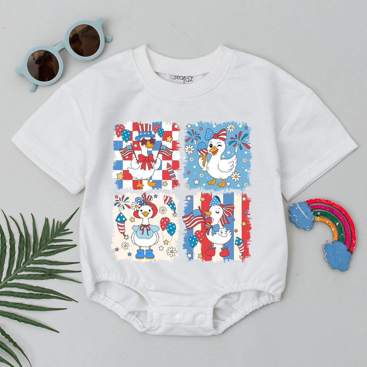 Patriotic Goose Baby Romper 4th of July Baby Girl Bodysuit USA Independence Day Baby Outfit Baby Clo
