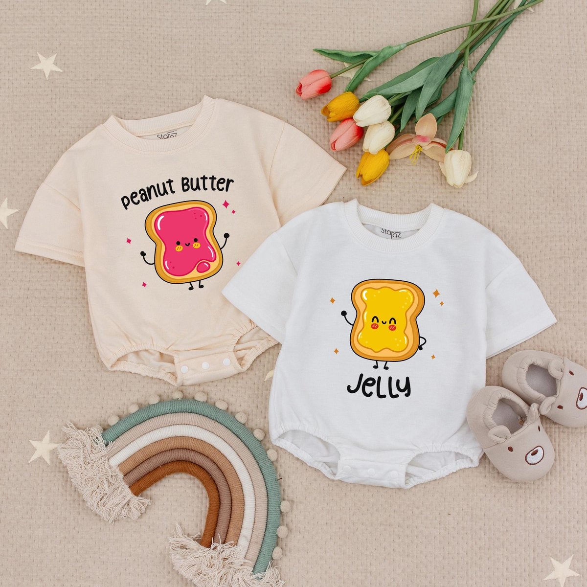 Peanut Butter and Jelly Twin Baby Romper Funny Best Friends Twin Babysuit Baby Shower Gift for Twins