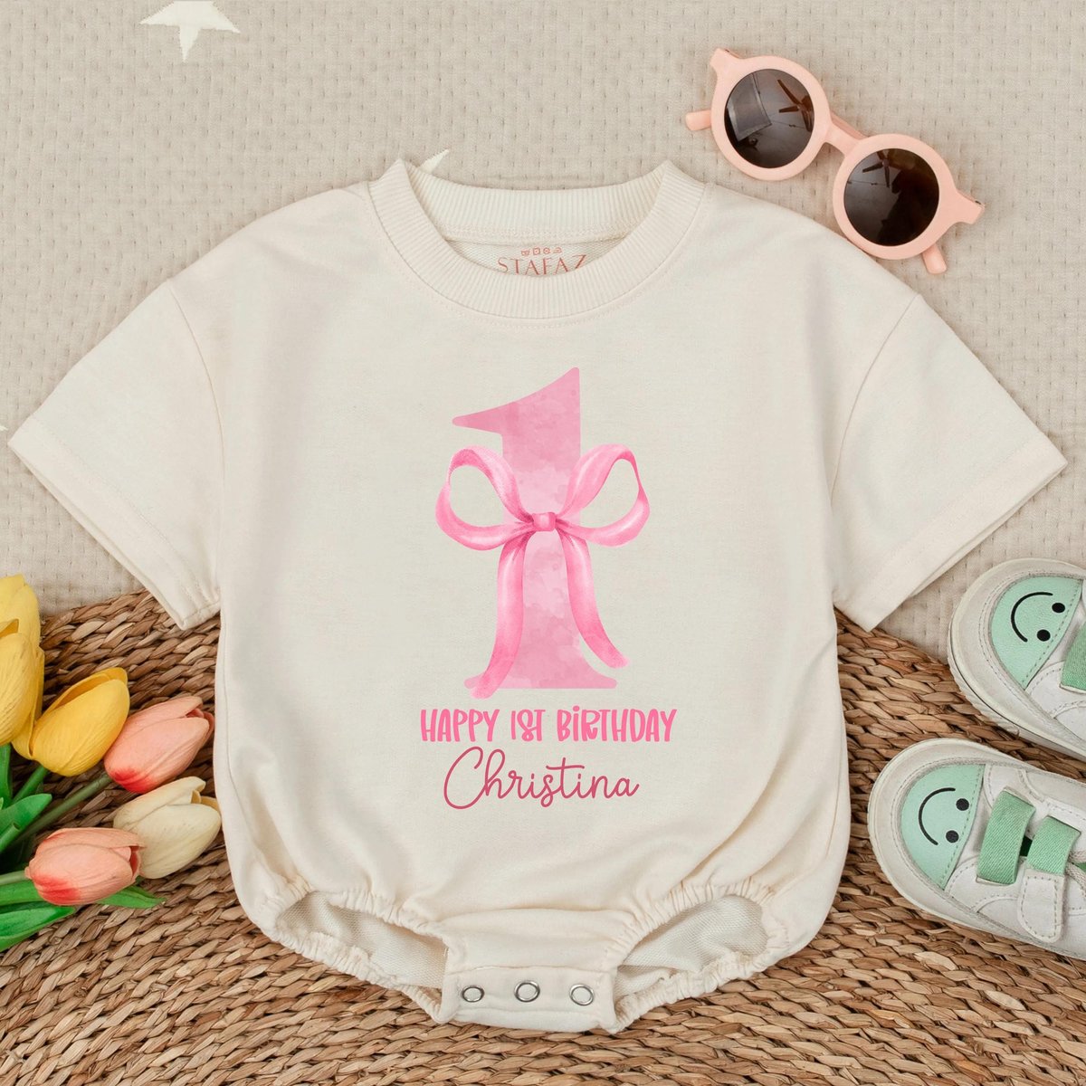 Personalised First Birthday Girl Romper with Bow Custom 1st Birthday Outfit Baby Girl Short Sleeve B