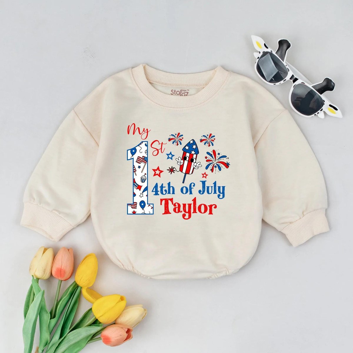 Personalized 1st 4th of July Bubble Romper Custom Name Baby Outfit Independence Day Infant Clothes P 431