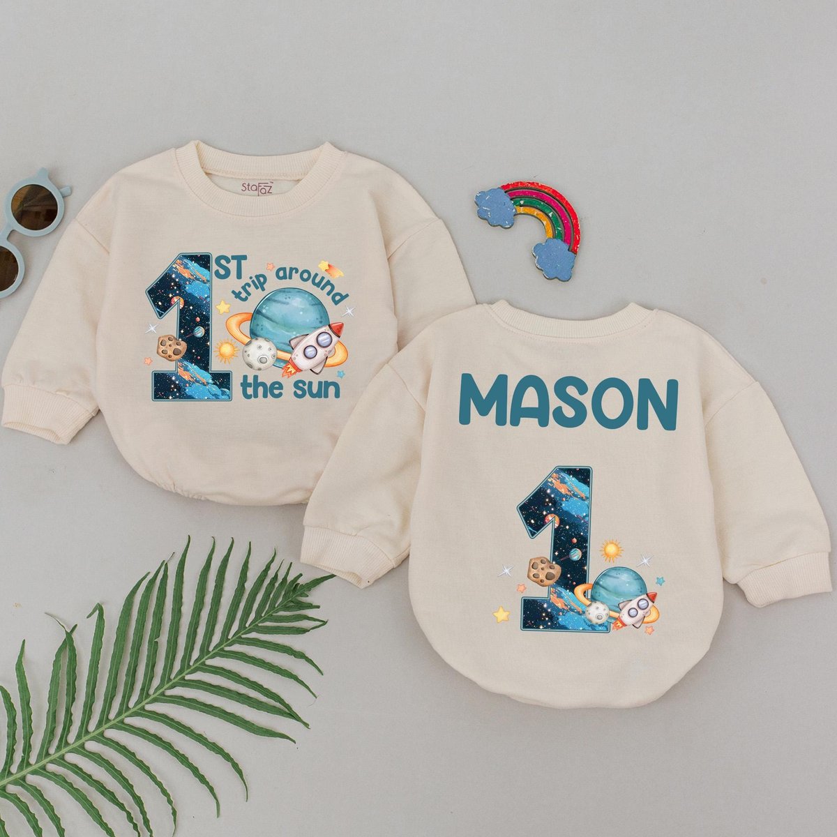 Personalized 1st Trip Around the Sun Bubble Romper Space Birthday Outfit Baby Boy Birthday Romper As